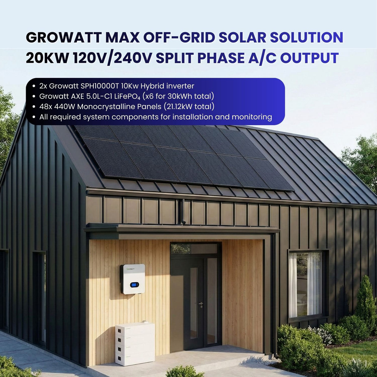 Solución solar fuera de la red Growatt Max de 20 kW, 120 V/240 V, fase dividida, salida CA