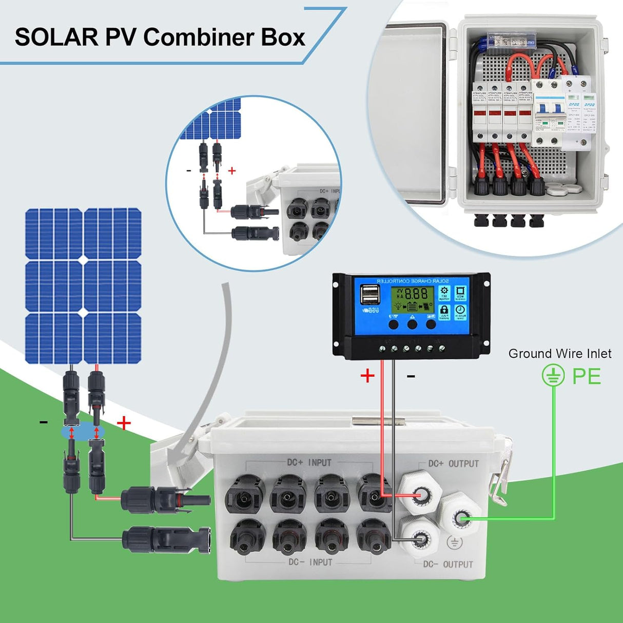 4 String Waterproof Solar Combiner Box With Lightning Arrester, 15A Rated Current Fuse & 63A Circuit Breaker