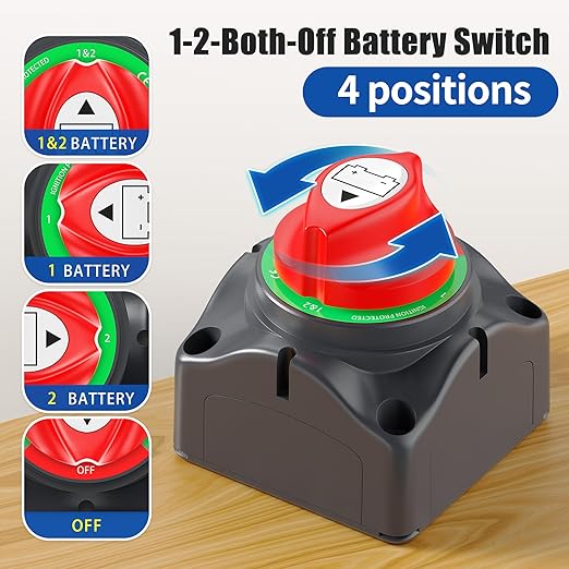 1-2-Both-Off Battery Disconnect Switch 12V-48V 200A Waterproof Dual Battery Kill Switch Heavy Duty Battery Isolator Switch for Marine Boat Car RV ATV UTV Vehicles