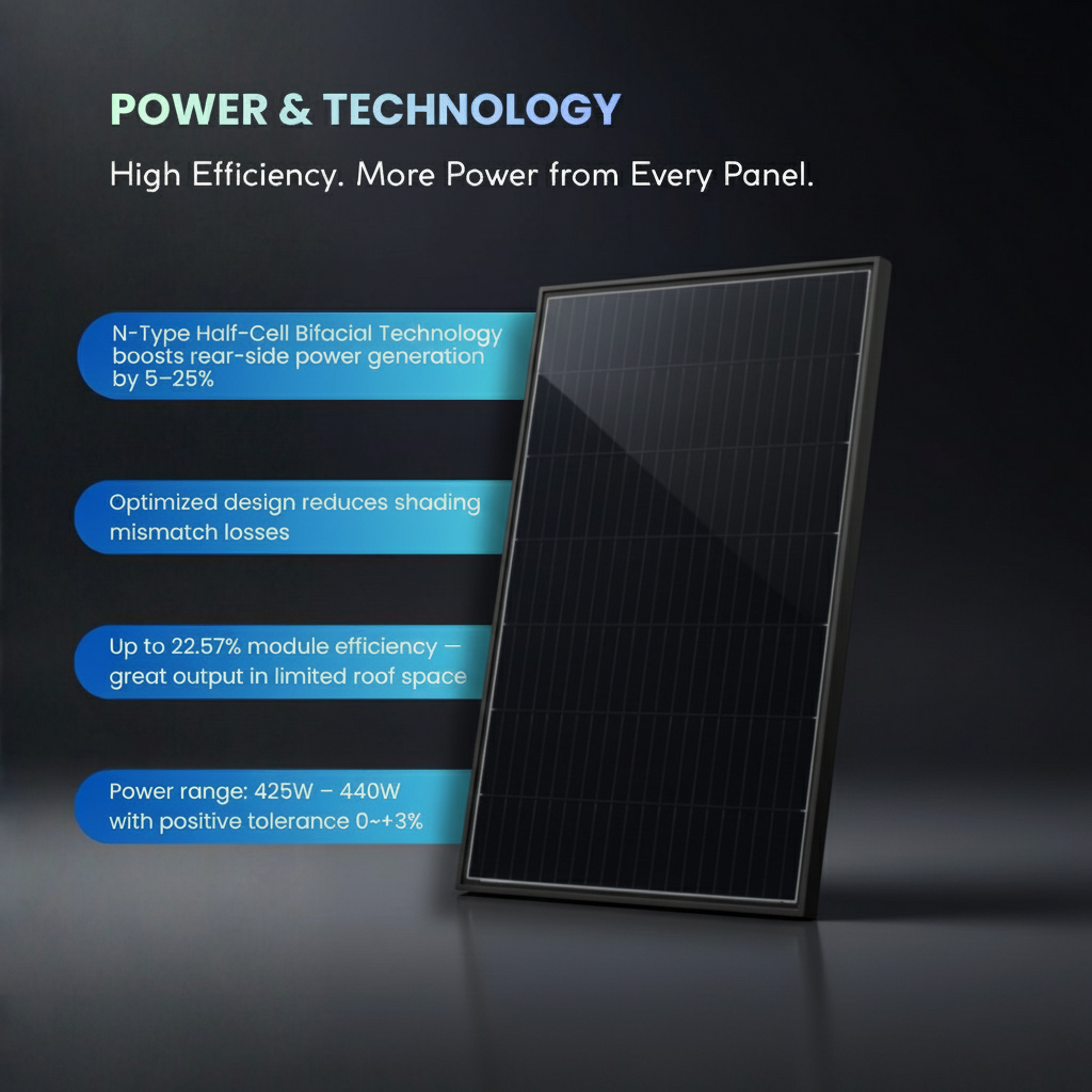 440 watt Solar panel with features highlighted