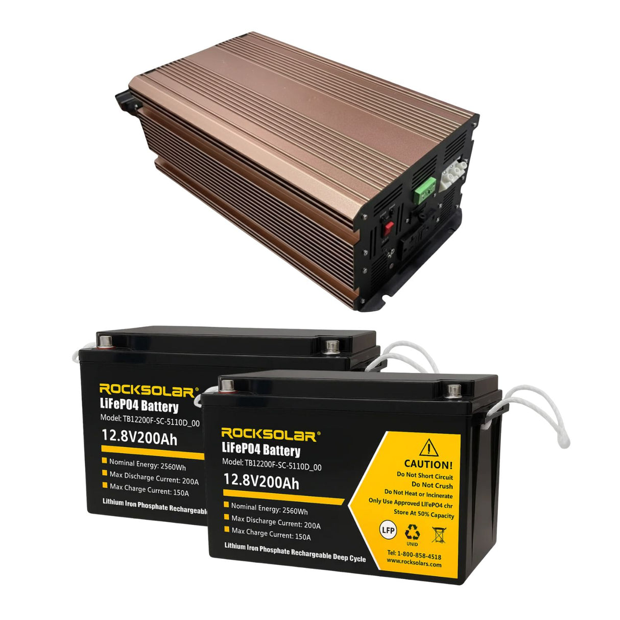 Two Rocksolar lithium iron phosphate batteries with a power inverter package