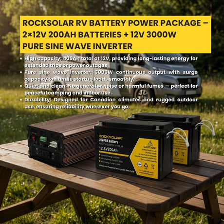 RockSolar RV battery power package with batteries and inverter on a picnic table outdoors.