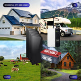 Collage of images showing off-grid homes, RVs, farms, and cabins with solar panels and battery packs.