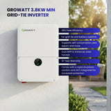 Growatt 3.8KW MIN Grid-Tie Inverter with features listed on the background.