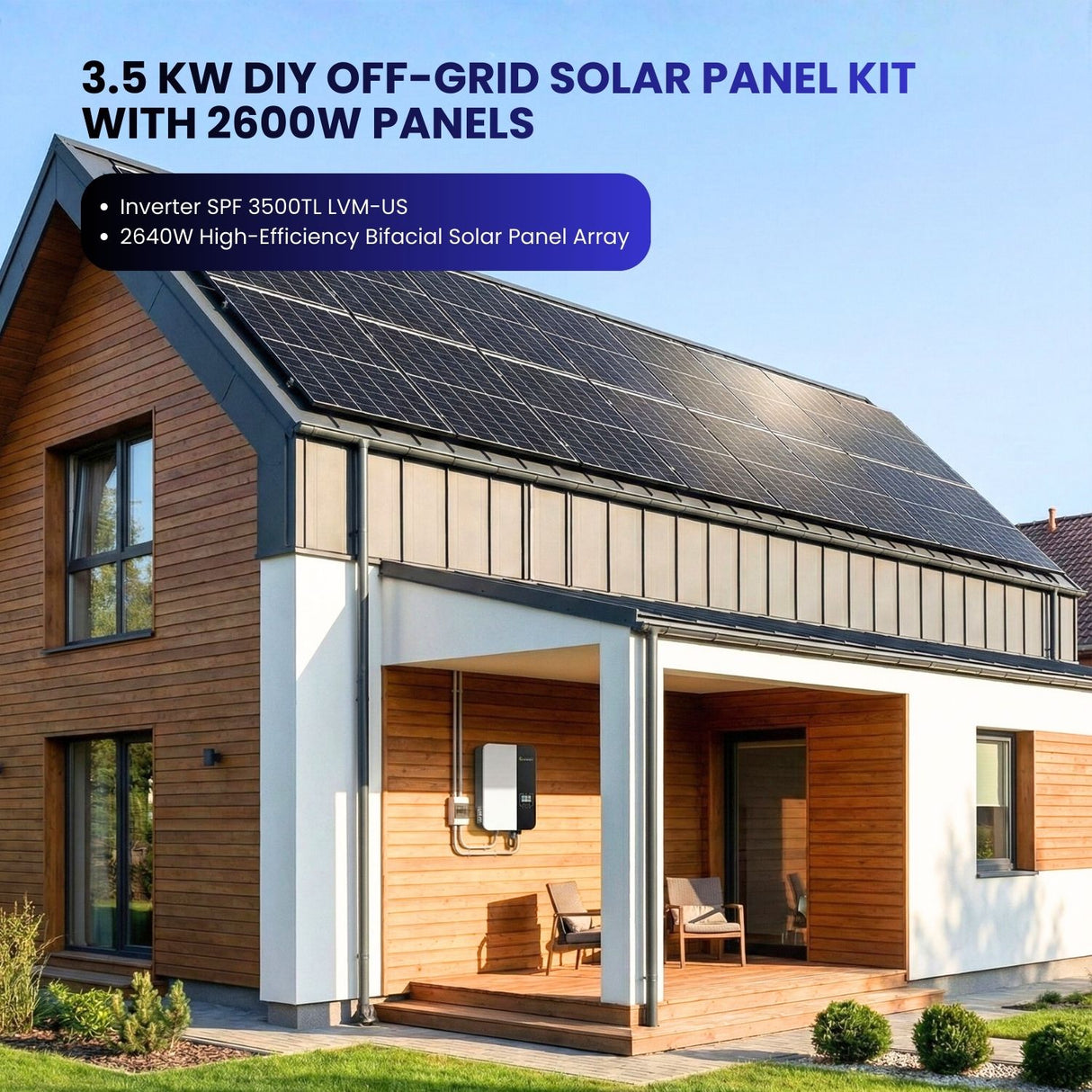 Modern house with solar panels on roof and text about 3.5 KW DIY off-grid solar panel kit.