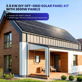 Modern house with solar panels on roof and text about 3.5 KW DIY off-grid solar panel kit.