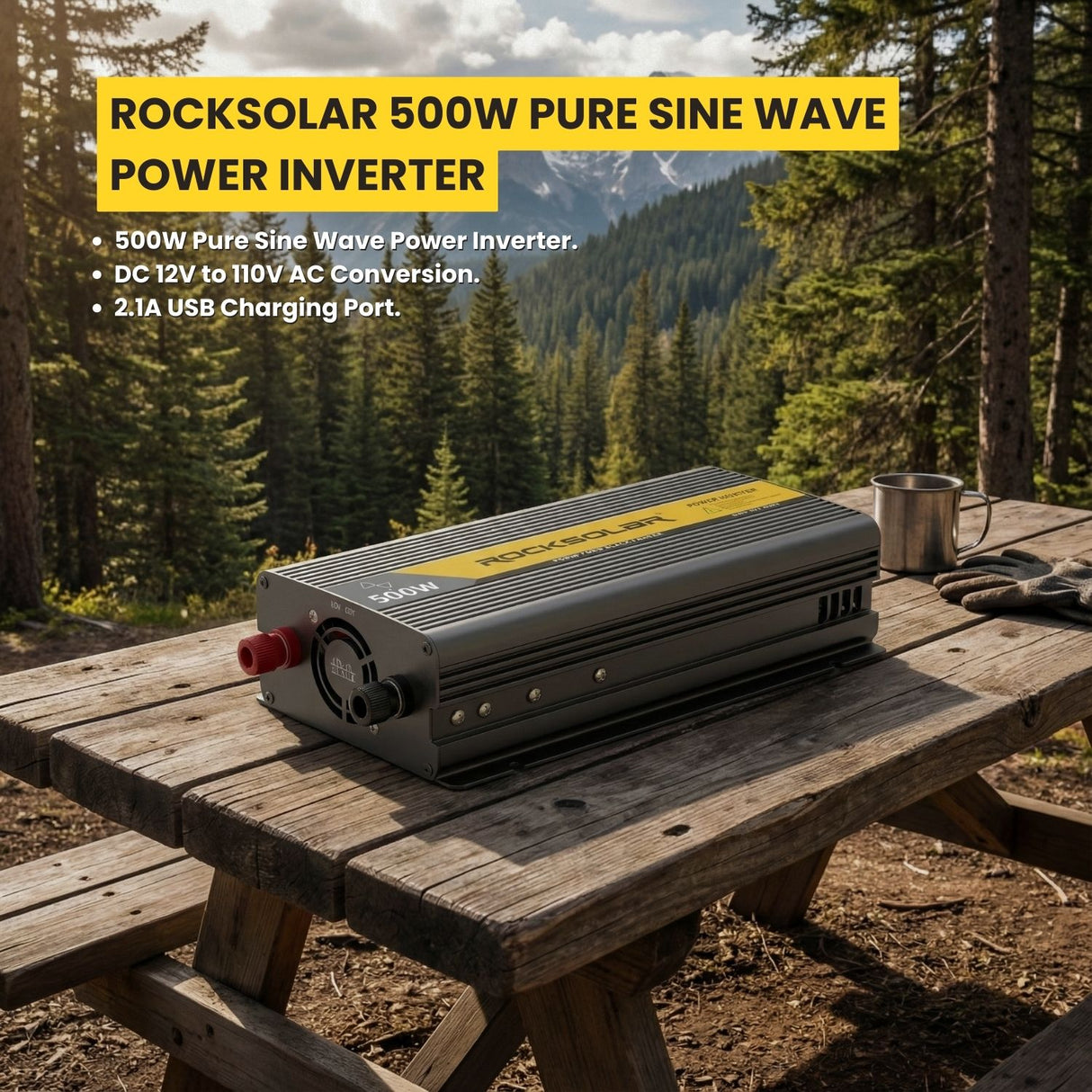 RockSolar 500W pure sine wave power inverter on a wooden table with a forest background