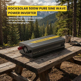 RockSolar 500W pure sine wave power inverter on a wooden table with a forest background