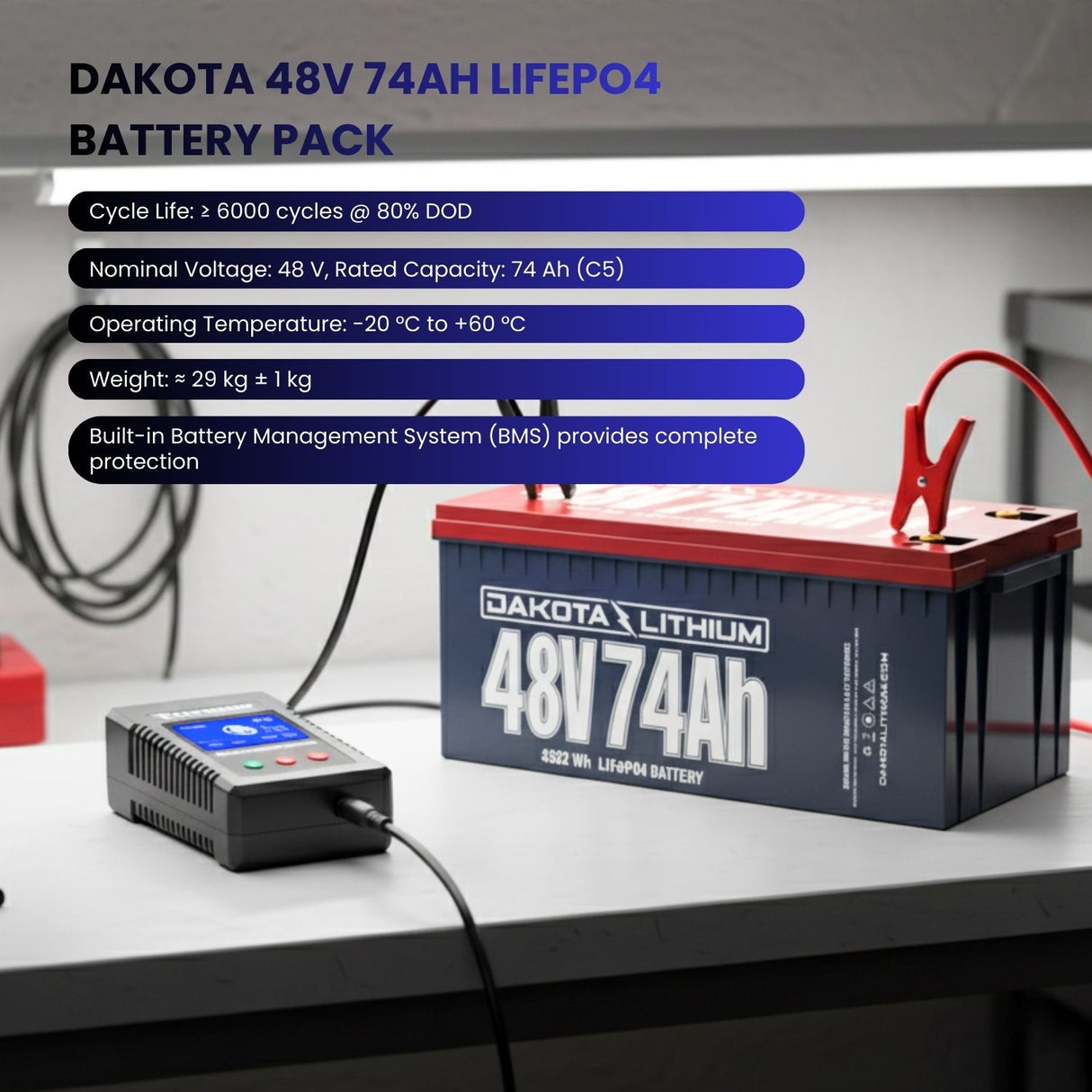 Dakota 48V 74Ah LiFePO4 battery pack with charging equipment on a table.