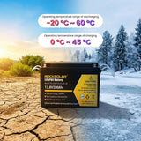RockSolar battery in a landscape with temperature range text