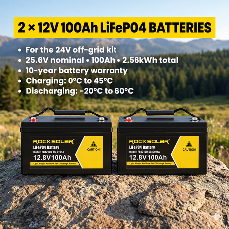 Two ROCKSOLAR 12V 100Ah batteries for the 2000W 24V kit, 2.56kWh total and 10-year battery warranty