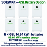 30 kW kit GSL option: six 14.34 kWh batteries, 86.04 kWh nominal and 81.738 kWh usable; alternative to Growatt ALP.